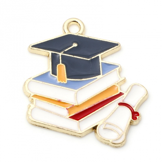 Picture of Zinc Based Alloy College Jewelry Charms Gold Plated Doctorial Hat Enamel 25mm x 22mm, 5 PCs