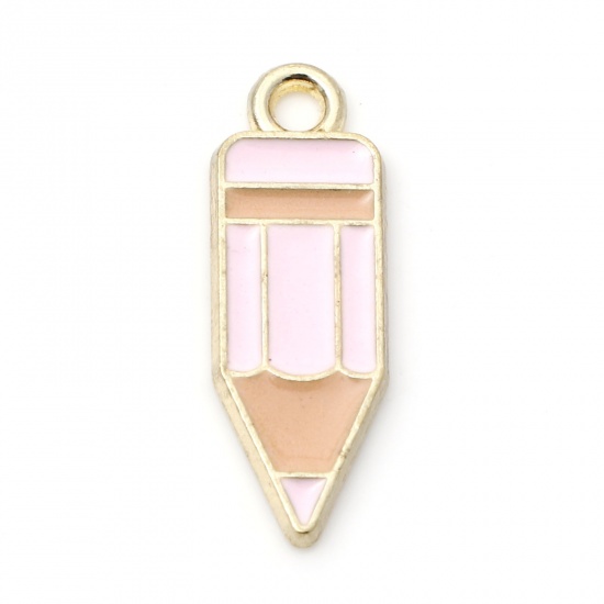 Picture of Zinc Based Alloy College Jewelry Charms Gold Plated Light Pink Pencil Enamel 18mm x 6mm, 5 PCs