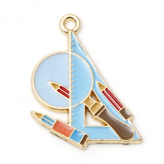 Picture of Zinc Based Alloy College Jewelry Charms Gold Plated Blue Ruler Pencil Enamel 26mm x 20mm, 5 PCs