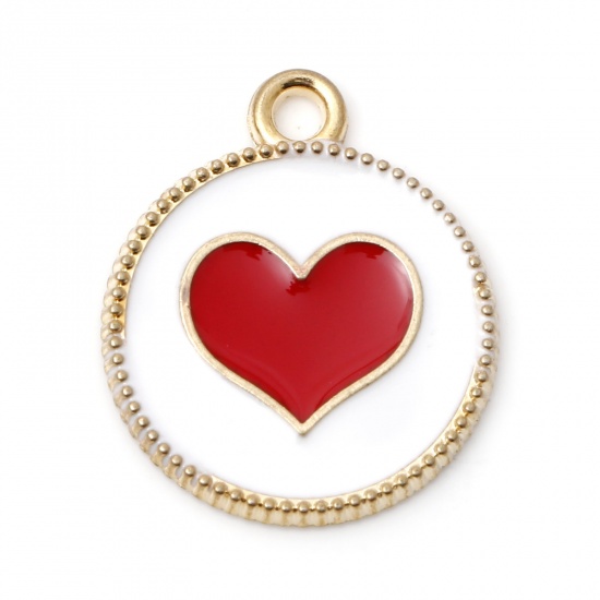 Bild von Zinklegierung Valentinstag Charms Rund Vergoldet Weiß & Rot Herz Emaille 19mm x 16mm, 5 Stück
