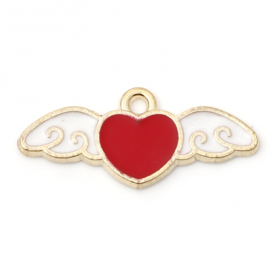 Bild von Zinklegierung Valentinstag Charms Flügel Vergoldet Weiß & Rot Herz Emaille 23mm x 10mm, 5 Stück