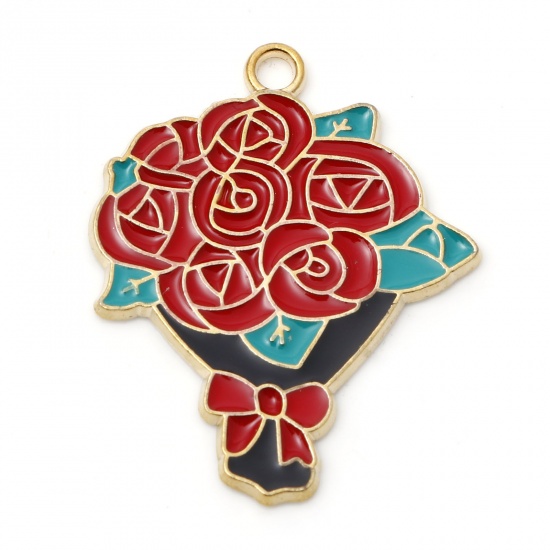 Picture of Zinc Based Alloy Valentine's Day Pendants Gold Plated Red Rose Flower Enamel 3.1cm x 2.5cm, 5 PCs