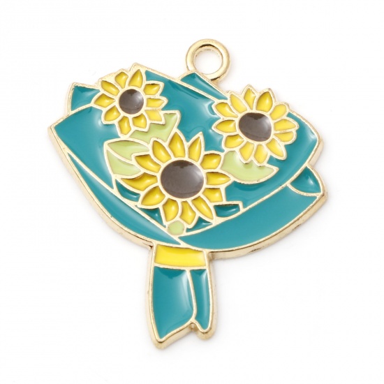 Picture of Zinc Based Alloy Valentine's Day Charms Gold Plated Pale Yellow & Green Sunflower Enamel 28mm x 25mm, 5 PCs