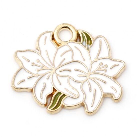 Picture of Zinc Based Alloy Valentine's Day Charms Gold Plated White Gardenia Flower Enamel 20mm x 17mm, 5 PCs