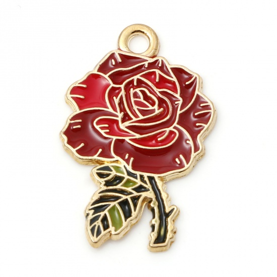 Picture of Zinc Based Alloy Valentine's Day Charms Gold Plated Red Rose Flower Enamel 23mm x 15mm, 5 PCs