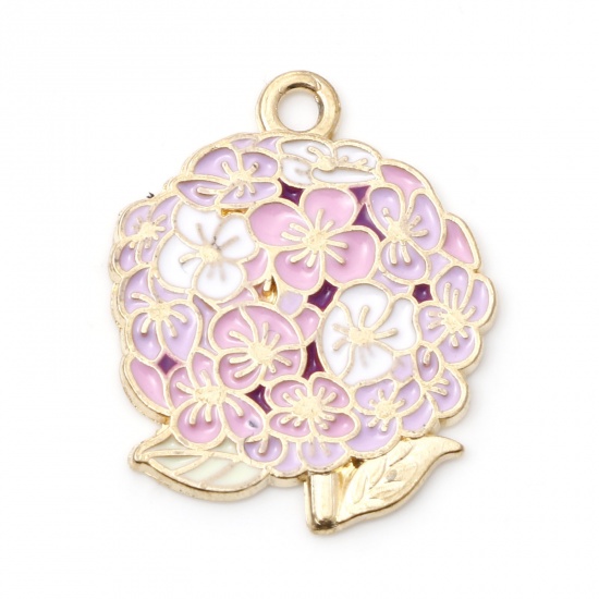 Picture of Zinc Based Alloy Valentine's Day Charms Gold Plated Light Pink Hydrangea Flower Enamel 23mm x 19mm, 5 PCs