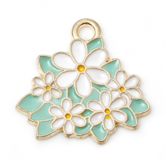 Picture of Zinc Based Alloy Valentine's Day Charms Gold Plated White & Green Flower Enamel 20mm x 19mm, 5 PCs
