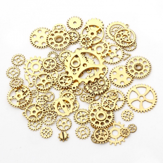 Picture of Zinc Based Alloy Steampunk Pendants Gold Tone Antique Gold At Random Mixed Gear 4.1x4cm - 0.9cm Dia., 1 Packet
