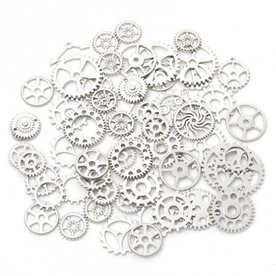 Picture of Zinc Based Alloy Steampunk Pendants Silver Tone At Random Mixed Gear 4.1x4cm - 0.9cm Dia., 1 Packet