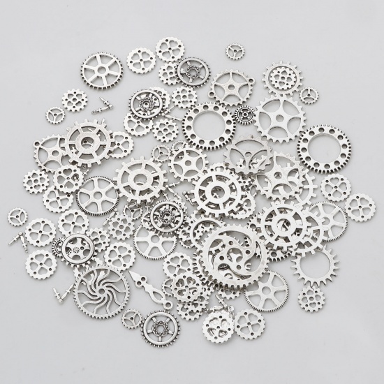 Picture of Zinc Based Alloy Steampunk Pendants Antique Silver Color At Random Mixed Gear 4.1x4cm - 0.9cm Dia., 1 Packet