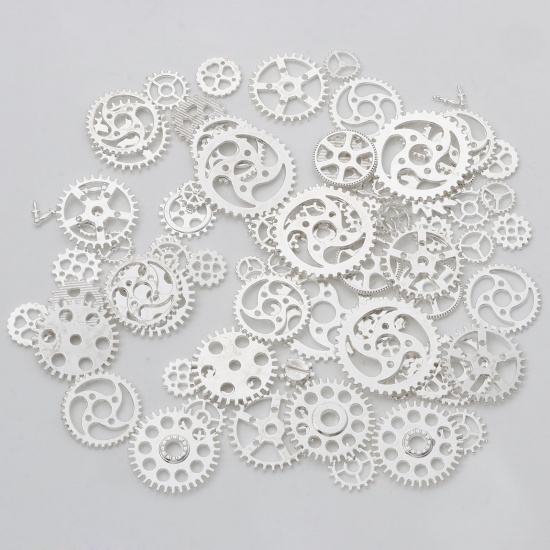 Picture of Zinc Based Alloy Steampunk Pendants Silver Plated At Random Mixed Gear 4.1x4cm - 0.9cm Dia., 1 Packet