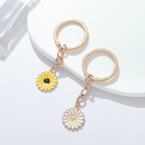 Picture of Stylish Keychain & Keyring Gold Plated White & Yellow Daisy Flower Enamel 7.5cm x 2cm, 1 Set ( 2 PCs/Set)