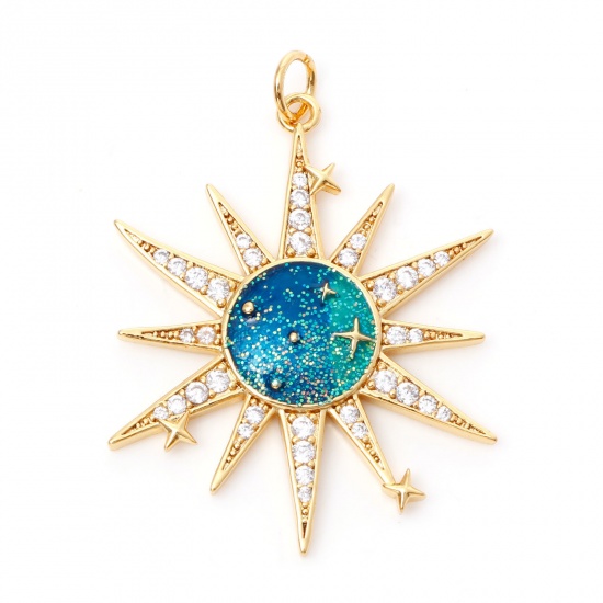 Imagen de Latón Galaxia Colgantes Sol 18K Oro Real Chapado Verde Azul Estrella Esmalte Claro Circón Artificial 3.6cm x 2.7cm, 1 Unidad