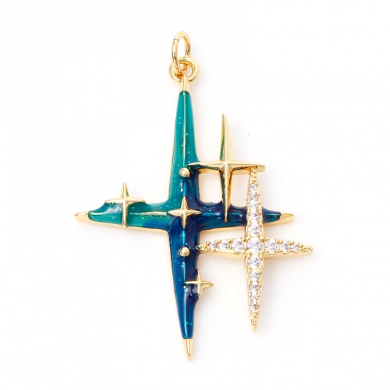 Imagen de Latón Galaxia Colgantes Estrella 18K Oro Real Chapado Verde Azul Esmalte Claro Circón Artificial 3.8cm x 2.6cm, 1 Unidad