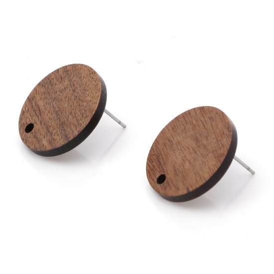 Picture of Wood Ear Post Stud Earrings Findings Round Brown With Loop 20mm Dia., Post/ Wire Size: (21 gauge), 10 PCs
