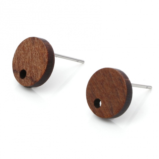 Picture of Wood Ear Post Stud Earrings Findings Round Brown With Loop 10mm Dia., Post/ Wire Size: (21 gauge), 10 PCs