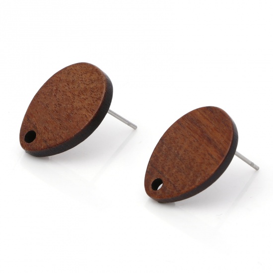 Picture of Wood Ear Post Stud Earrings Findings Drop Brown With Loop 18mm x 13mm, Post/ Wire Size: (21 gauge), 10 PCs