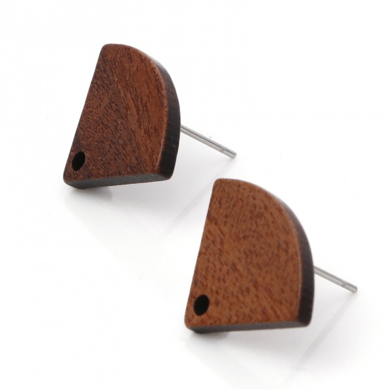 Picture of Wood Ear Post Stud Earrings Findings Fan-shaped Brown With Loop 19mm x 15mm, Post/ Wire Size: (21 gauge), 10 PCs
