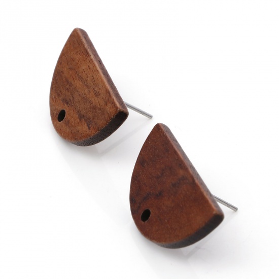 Picture of Wood Ear Post Stud Earrings Findings Half Round Brown With Loop 18mm x 13mm, Post/ Wire Size: (21 gauge), 10 PCs