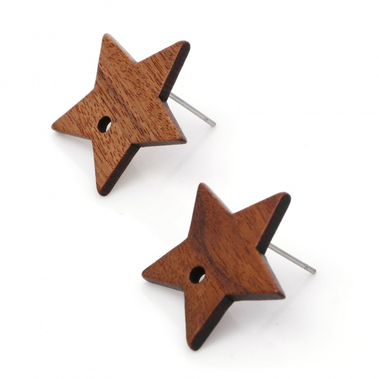 Picture of Wood Ear Post Stud Earrings Findings Pentagram Star Brown With Loop 22mm x 20mm, Post/ Wire Size: (21 gauge), 10 PCs