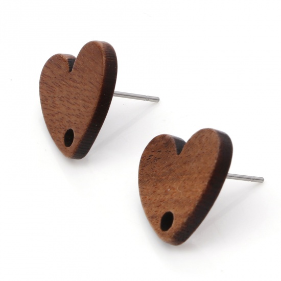 Picture of Wood Ear Post Stud Earrings Findings Heart Brown With Loop 15mm x 14mm, Post/ Wire Size: (21 gauge), 10 PCs