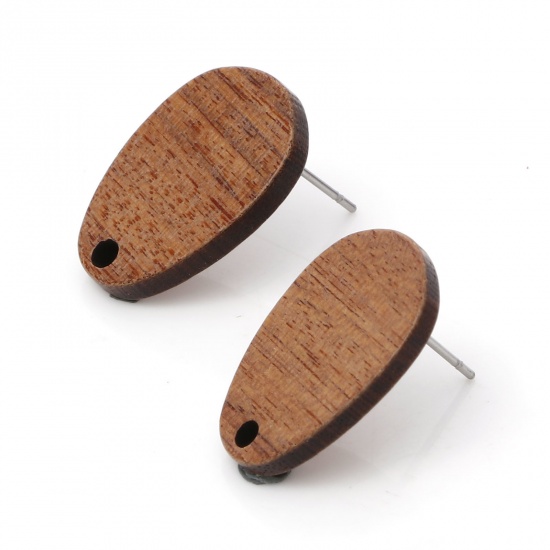 Picture of Wood Ear Post Stud Earrings Findings Egg Brown With Loop 20mm x 14mm, Post/ Wire Size: (21 gauge), 10 PCs