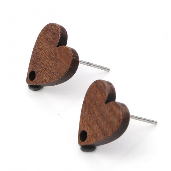 Picture of Wood Ear Post Stud Earrings Findings Heart Brown With Loop 12mm x 12mm, Post/ Wire Size: (21 gauge), 10 PCs