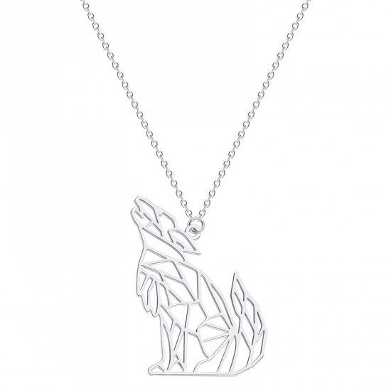Picture of 201 Stainless Steel Origami Link Cable Chain Necklace Silver Tone Wolf Hollow 45cm(17 6/8") long, 1 Piece
