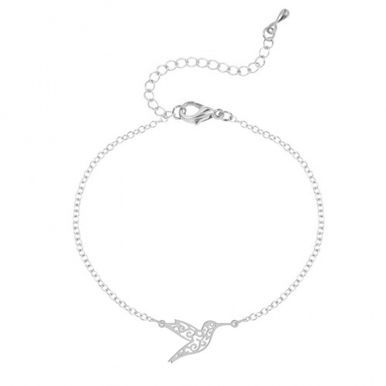 Immagine di 201 Acciaio Inossidabile Origami Cavo Catena Braccialetti Tono Argento Colibrì Filigrana 20cm Lunghezza, 1 Pz