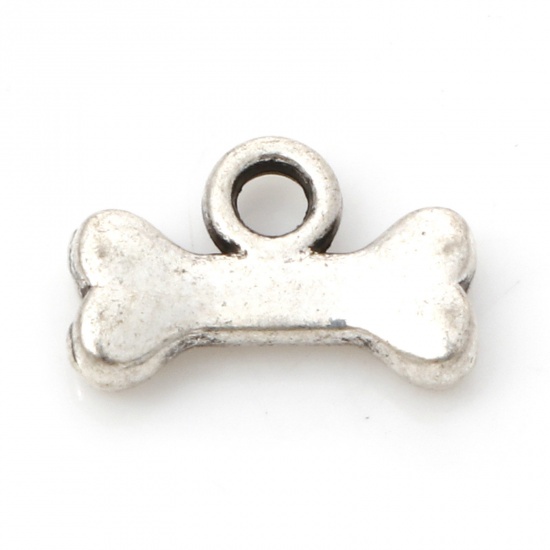 Picture of Zinc Based Alloy Pet Memorial Charms Antique Silver Color Bone 3D 10mm x 7mm, 50 PCs