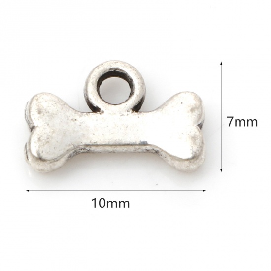 Picture of Zinc Based Alloy Pet Memorial Charms Antique Silver Color Bone 3D 10mm x 7mm, 50 PCs