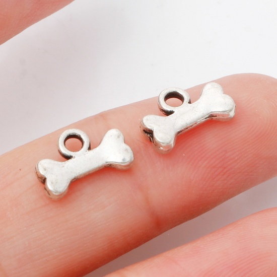 Picture of Zinc Based Alloy Pet Memorial Charms Antique Silver Color Bone 3D 10mm x 7mm, 50 PCs