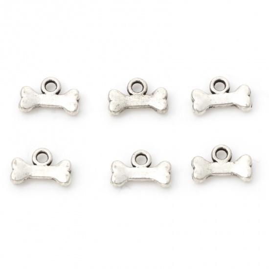 Picture of Zinc Based Alloy Pet Memorial Charms Antique Silver Color Bone 3D 10mm x 7mm, 50 PCs