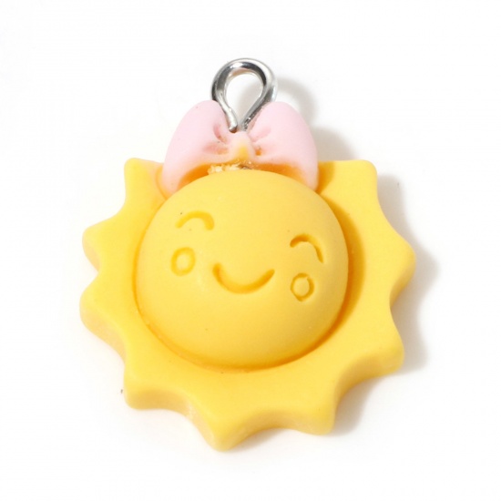 Picture of Resin Galaxy Charms Sun Smile Silver Tone Yellow 24mm x 20mm, 10 PCs