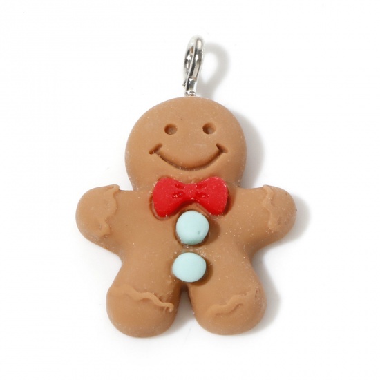 Picture of Resin Charms Christmas Ginger Bread Man Silver Tone Khaki 28mm x 20mm, 10 PCs