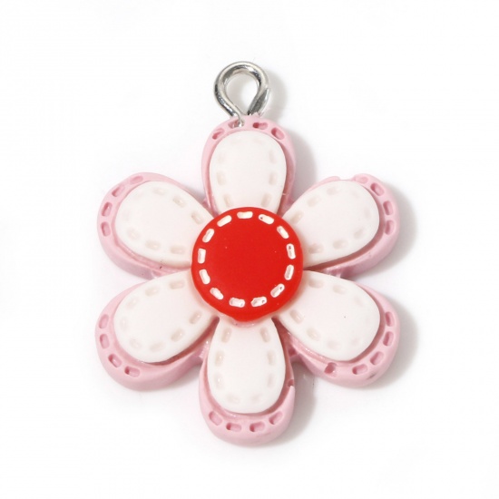 Picture of Resin Charms Flower Silver Tone Light Pink 29mm x 23mm, 10 PCs