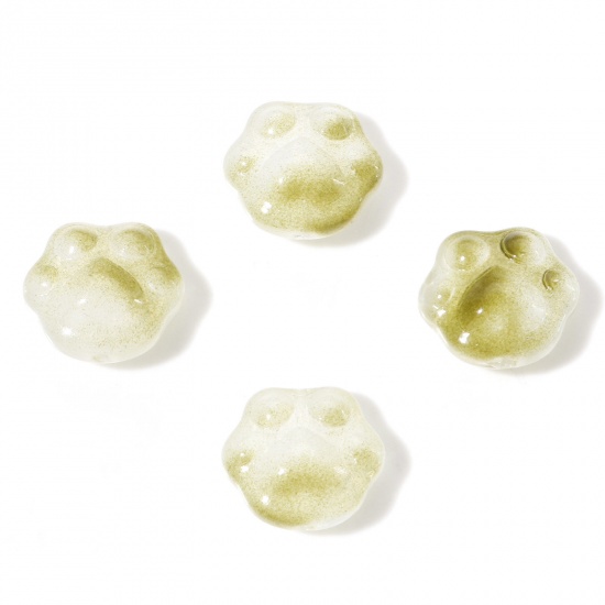 Picture of Lampwork Glass Pet Memorial Beads Cat Animal Olive Green Paw Claw About 15mm x 14mm, Hole: Approx 1mm, 50 PCs