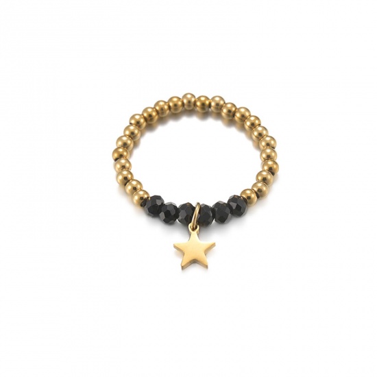 Picture of 304 Stainless Steel & Stone Stylish Elastic Stretch Beaded Rings Gold Plated Black Pentagram Star 19.8mm(US Size 10), 1 Piece