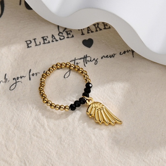 Picture of 304 Stainless Steel & Stone Stylish Elastic Stretch Beaded Rings Gold Plated Black Wing 19.8mm(US Size 10), 1 Piece