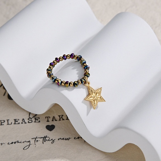 Picture of 304 Stainless Steel & Stone Stylish Elastic Stretch Beaded Rings Gold Plated Multicolor Pentagram Star 19.8mm(US Size 10), 1 Piece