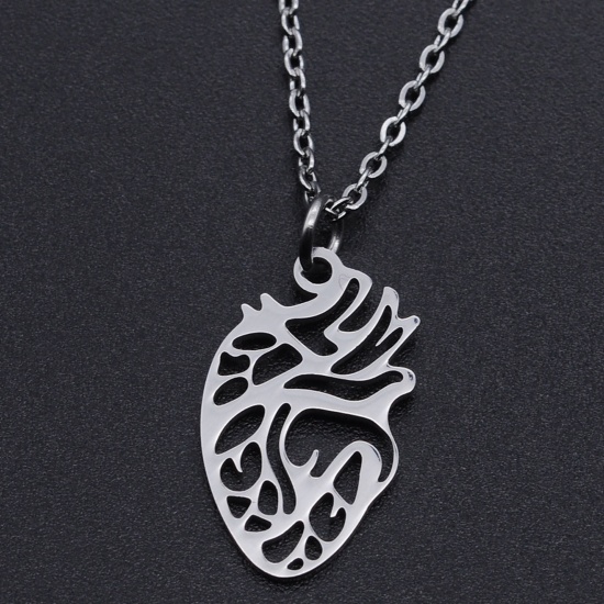 Picture of Titanium Steel Stylish Link Cable Chain Necklace Silver Tone Anatomical Human Heart Hollow 40cm(15 6/8") long, 1 Piece