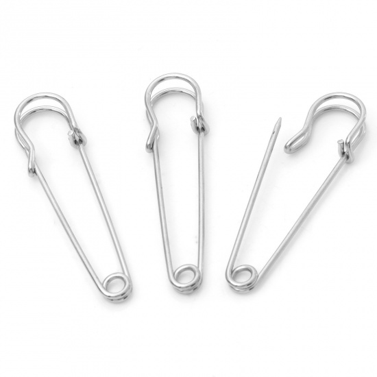 Picture of Iron Based Alloy Safety Pin Brooches Findings Silver Tone 5.5cm x 1.5cm, 20 PCs