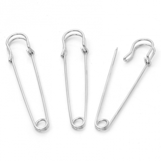 Picture of Iron Based Alloy Safety Pin Brooches Findings Silver Tone 6.5cm x 1.7cm, 20 PCs