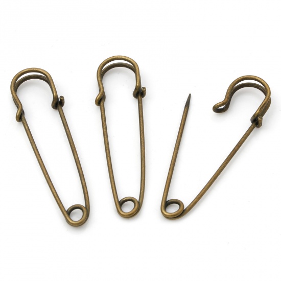 Picture of Iron Based Alloy Safety Pin Brooches Findings Antique Bronze 6.1cm x 1.7cm, 20 PCs