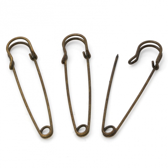Picture of Iron Based Alloy Safety Pin Brooches Findings Antique Bronze 7.5cm x 1.8cm, 20 PCs