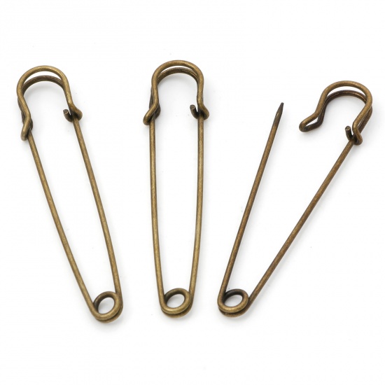 Picture of Iron Based Alloy Safety Pin Brooches Findings Antique Bronze 10cm x 2.2cm, 20 PCs