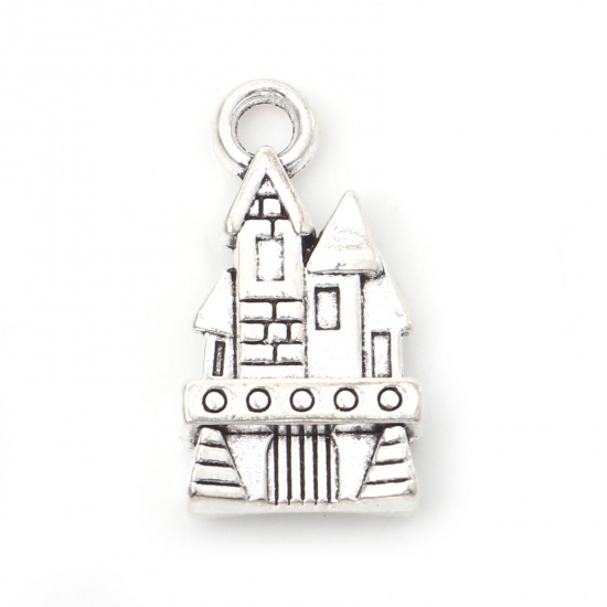 Picture of Zinc Based Alloy Fairy Tale Collection Charms Antique Silver Color Castle Double Sided 21mm x 11.5mm, 30 PCs