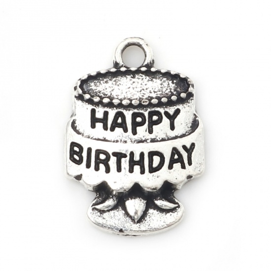 Picture of Zinc Based Alloy Charms Antique Silver Color Cake Message " HAPPY BIRTHDAY " 17mm x 12mm, 30 PCs