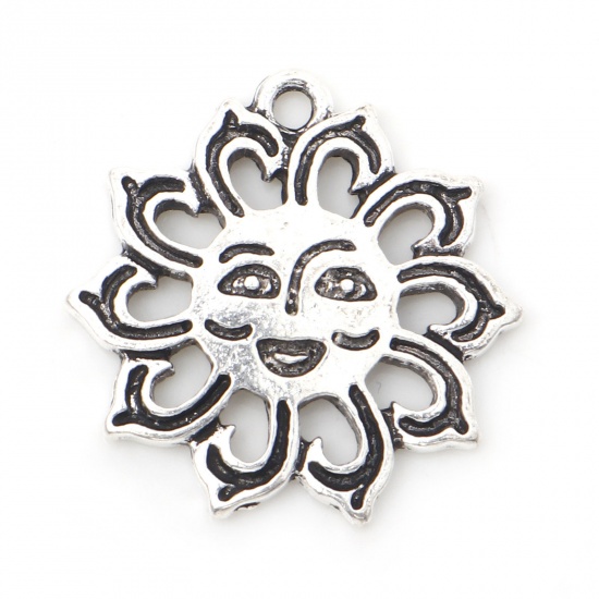Picture of Zinc Based Alloy Galaxy Charms Antique Silver Color Sun Flower Hollow 21mm x 21mm, 30 PCs