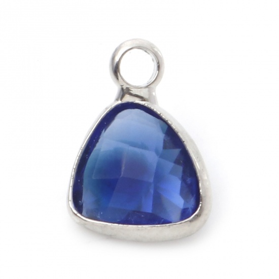 Picture of Copper & Glass Birthstone Charms Triangle September Silver Tone Royal Blue 11mm x 8mm, 5 PCs